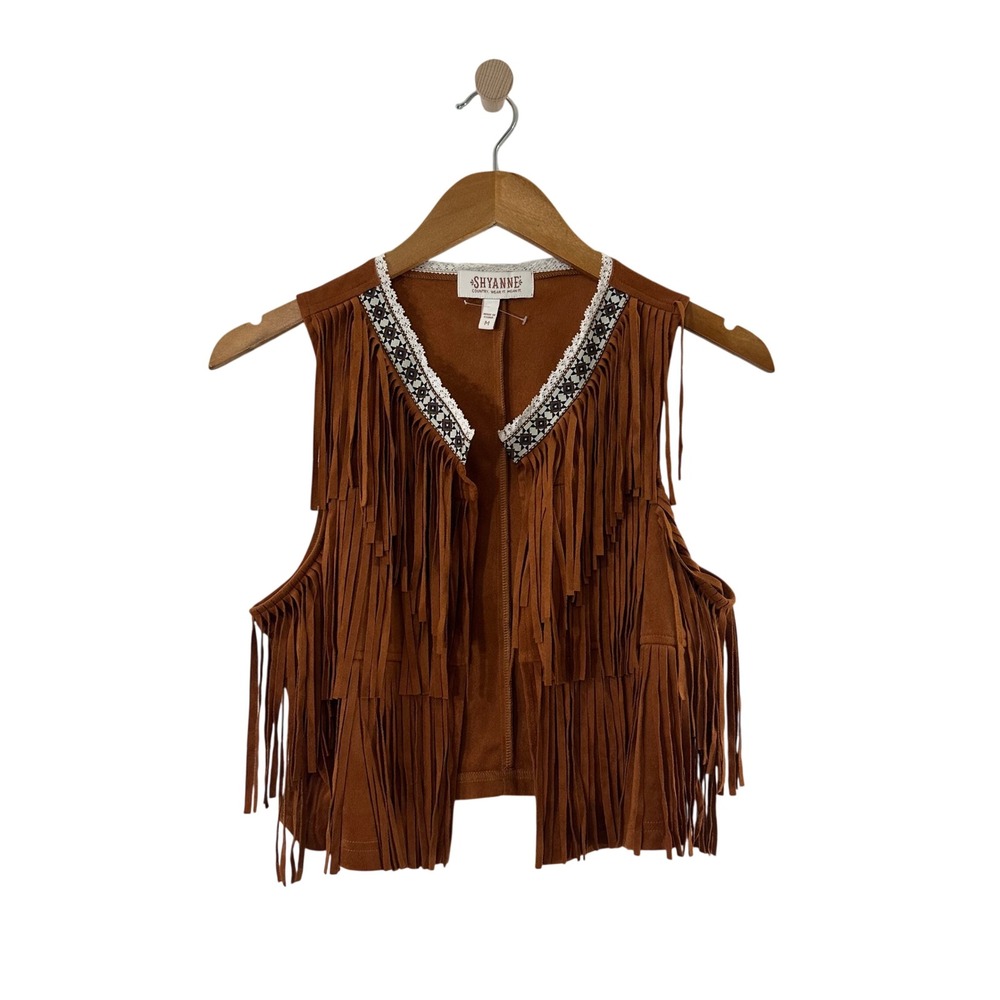 Shyanne Rust Brown Fringe Vest with Beaded V-Neck
